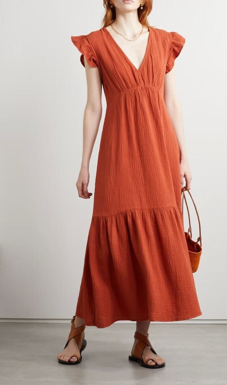 HONORINE Ruby Tiered Cotton Gauzy Long Maxi Dress Red Net-A-Porter XS NWT $360